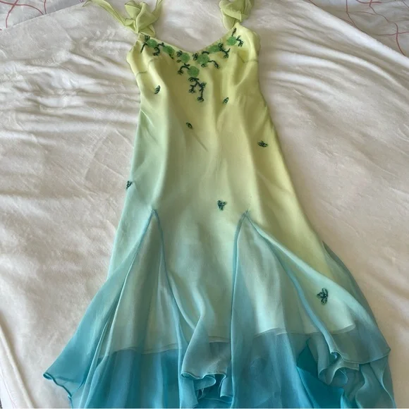 ❄️SOLD❄️ Vintage 90s Y2K Silk Beaded Fairycore Tinkerbell Whimsical Dress S M - Picture 12 of 12